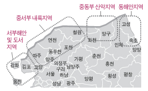 민통선 북방 전지역의 4구역 지도